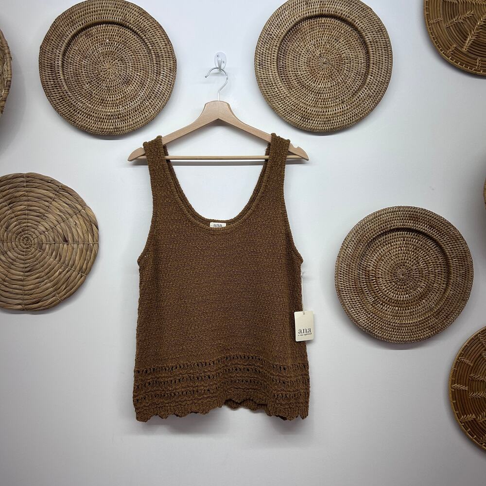 NEW ANA Brown Crochet Knit Tank Top Large Neutral Summer